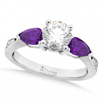 Round Diamond & Pear Amethyst Engagement Ring in Platinum (1.29ct)