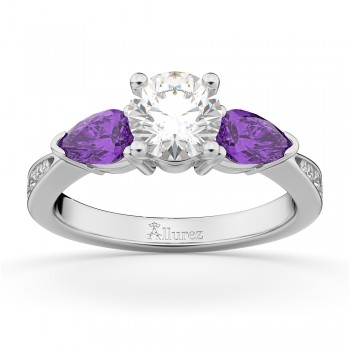 Round Diamond & Pear Amethyst Engagement Ring in Platinum (1.29ct)