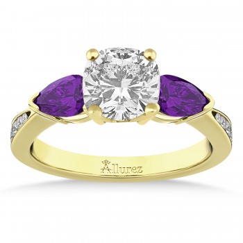 Cushion Diamond & Pear Amethyst Engagement Ring 14k Yellow Gold (1.79ct)