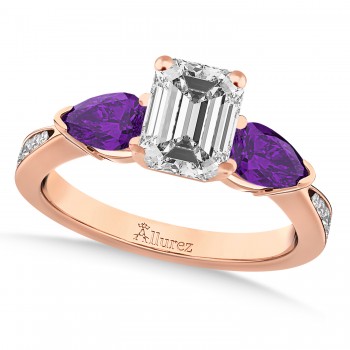 Emerald Diamond & Pear Amethyst Engagement Ring 14k Rose Gold (1.79ct)