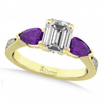 Emerald Diamond & Pear Amethyst Engagement Ring 18k Yellow Gold (1.79ct)