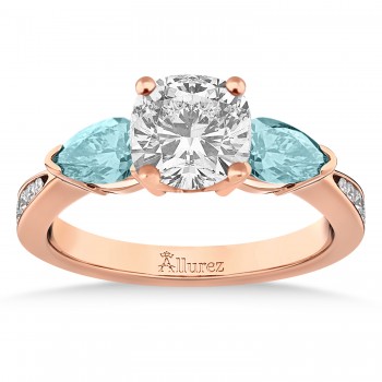 Cushion Diamond & Pear Aquamarine Engagement Ring 14k Rose Gold (1.29ct)