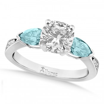 Cushion Diamond & Pear Aquamarine Engagement Ring 14k White Gold (1.29ct)
