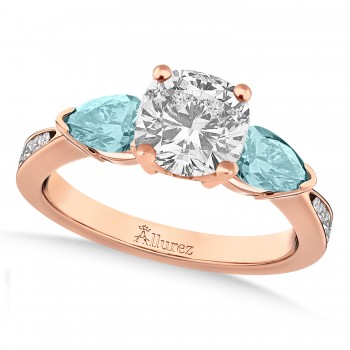 Cushion Diamond & Pear Aquamarine Engagement Ring 18k Rose Gold (1.29ct)