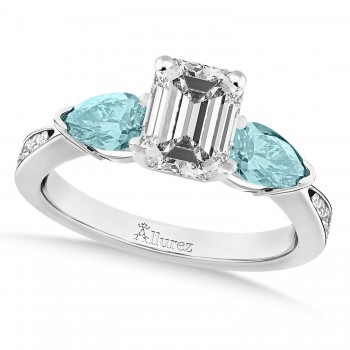 Emerald Diamond & Pear Aquamarine Engagement Ring 14k White Gold (1.29ct)