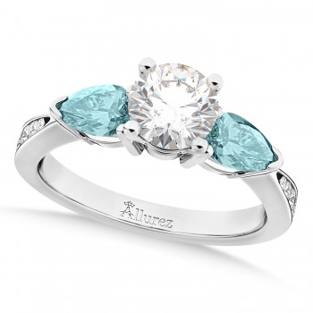 Round Diamond & Pear Aquamarine Engagement Ring 18k White Gold (1.29ct)