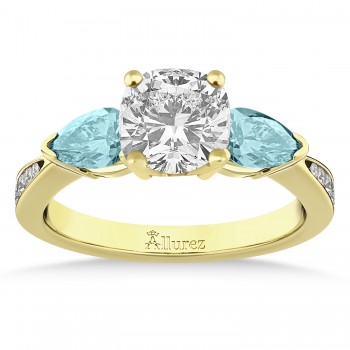 Cushion Diamond & Pear Aquamarine Engagement Ring 14k Yellow Gold (1.79ct)
