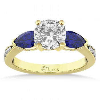 Cushion Diamond & Pear Blue Sapphire Engagement Ring 14k Yellow Gold (1.29ct)