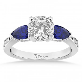 Cushion Diamond & Pear Blue Sapphire Engagement Ring 18k White Gold (1.29ct)