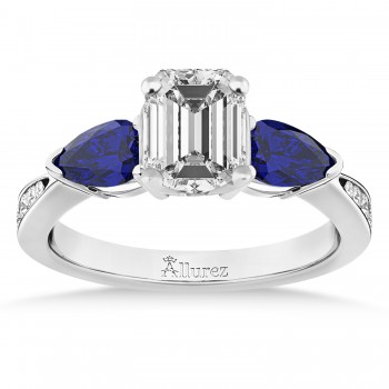Emerald Diamond & Pear Blue Sapphire Engagement Ring 18k White Gold (1.29ct)