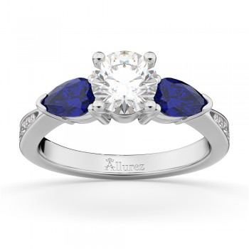 Round Diamond & Pear Blue Sapphire Engagement Ring 14k White Gold (1.29ct)