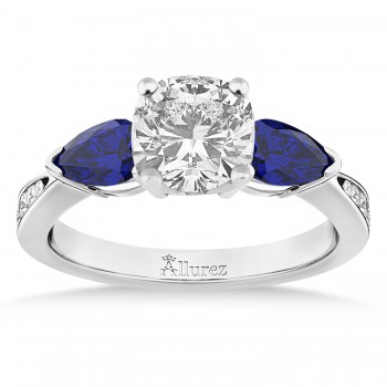 Cushion Diamond & Pear Blue Sapphire Engagement Ring 18k White Gold (1.79ct)