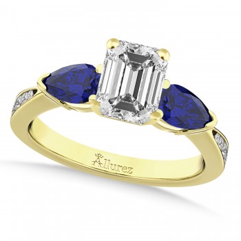Emerald Diamond & Pear Blue Sapphire Engagement Ring 14k Yellow Gold (1.79ct)