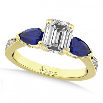 Emerald Diamond & Pear Blue Sapphire Engagement Ring 18k Yellow Gold (1.79ct)