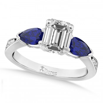 Emerald Diamond & Pear Blue Sapphire Engagement Ring in Platinum (1.79ct)