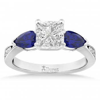 Princess Diamond & Pear Blue Sapphire Engagement Ring 14k White Gold (1.79ct)