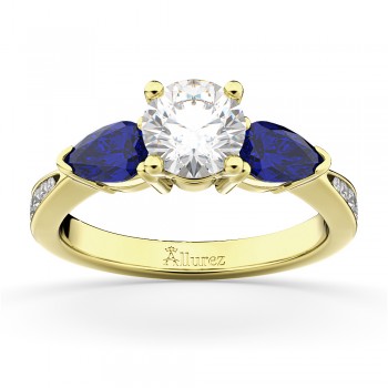 Round Diamond & Pear Blue Sapphire Engagement Ring 14k Yellow Gold (1.79ct)