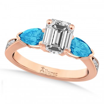 Emerald Diamond & Pear Blue Topaz Engagement Ring 18k Rose Gold (1.29ct)
