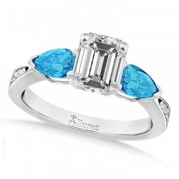 Emerald Diamond & Pear Blue Topaz Engagement Ring 18k White Gold (1.29ct)