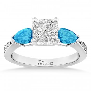 Princess Diamond & Pear Blue Topaz Engagement Ring 18k White Gold (1.29ct)
