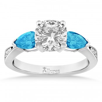 Cushion Diamond & Pear Blue Topaz Engagement Ring 18k White Gold (1.79ct)