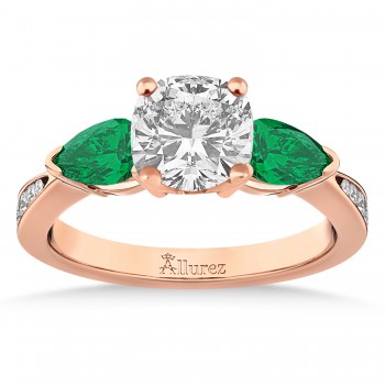 Cushion Diamond & Pear Green Emerald Engagement Ring 14k Rose Gold (1.29ct)