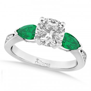 Cushion Diamond & Pear Green Emerald Engagement Ring 14k White Gold (1.29ct)