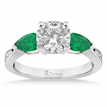 Cushion Diamond & Pear Green Emerald Engagement Ring 14k White Gold (1.29ct)