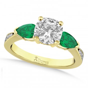 Cushion Diamond & Pear Green Emerald Engagement Ring 18k Yellow Gold (1.29ct)