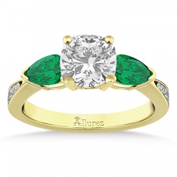 Cushion Diamond & Pear Green Emerald Engagement Ring 18k Yellow Gold (1.29ct)