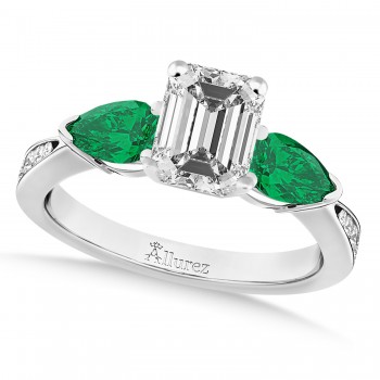 Emerald Diamond & Pear Green Emerald Engagement Ring 14k White Gold (1.29ct)