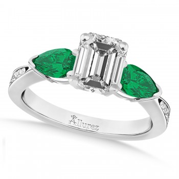 Emerald Diamond & Pear Green Emerald Engagement Ring 18k White Gold (1.29ct)