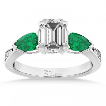 Emerald Diamond & Pear Green Emerald Engagement Ring 18k White Gold (1.29ct)