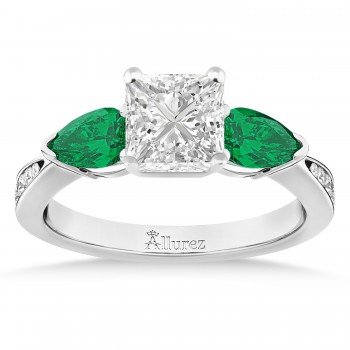 Princess Diamond & Pear Green Emerald Engagement Ring 14k White Gold (1.29ct)