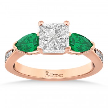 Princess Diamond & Pear Green Emerald Engagement Ring 18k Rose Gold (1.29ct)