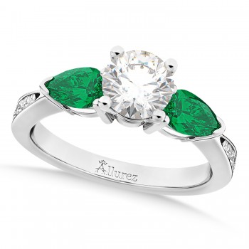 Round Diamond & Pear Green Emerald Engagement Ring 14k White Gold (1.29ct)