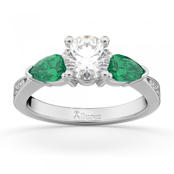 Round Diamond & Pear Green Emerald Engagement Ring 14k White Gold (1.29ct)