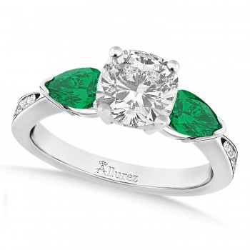 Cushion Diamond & Pear Green Emerald Engagement Ring 14k White Gold (1.79ct)