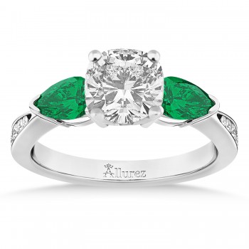 Cushion Diamond & Pear Green Emerald Engagement Ring 18k White Gold (1.79ct)