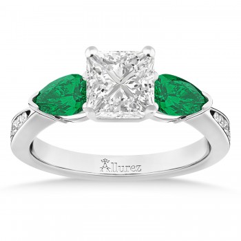 Princess Diamond & Pear Green Emerald Engagement Ring in Palladium (1.79ct)