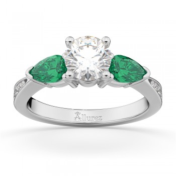 Round Diamond & Pear Green Emerald Engagement Ring 18k White Gold (1.79ct)