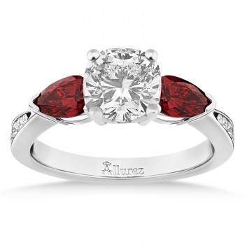 Cushion Diamond & Pear Garnet Engagement Ring 14k White Gold (1.29ct)