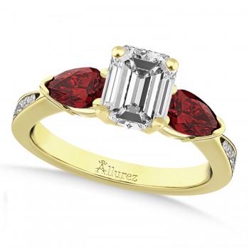 Emerald Diamond & Pear Garnet Engagement Ring 18k Yellow Gold (1.29ct)