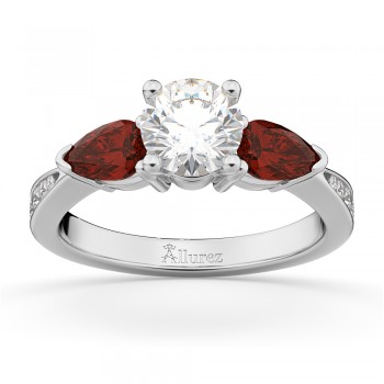 Round Diamond & Pear Garnet Engagement Ring 14k White Gold (1.29ct)