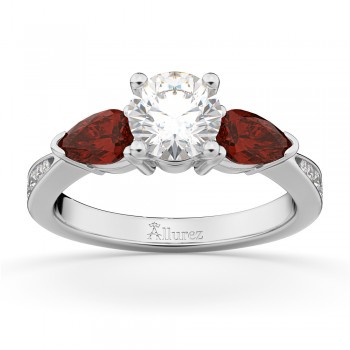 Round Diamond & Pear Garnet Engagement Ring 18k White Gold (1.29ct)