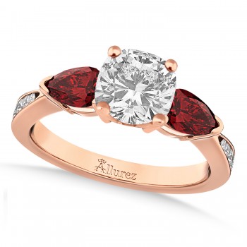 Cushion Diamond & Pear Garnet Engagement Ring 18k Rose Gold (1.79ct)