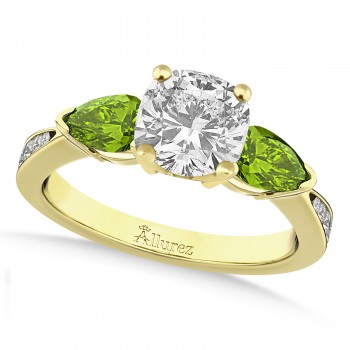 Cushion Diamond & Pear Peridot Engagement Ring 14k Yellow Gold (1.29ct)