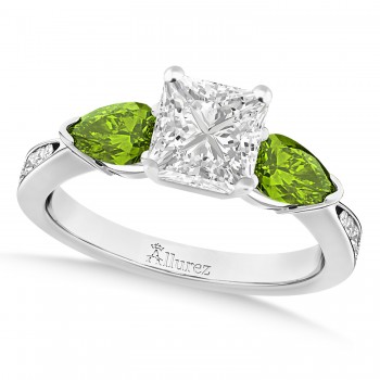 Princess Diamond & Pear Peridot Engagement Ring 14k White Gold (1.29ct)