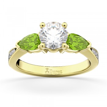 Round Diamond & Pear Peridot Engagement Ring 18k Yellow Gold (1.29ct)