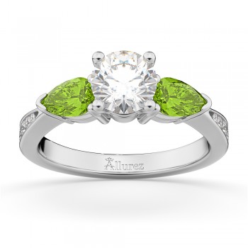 Round Diamond & Pear Peridot Engagement Ring in Platinum (1.29ct)